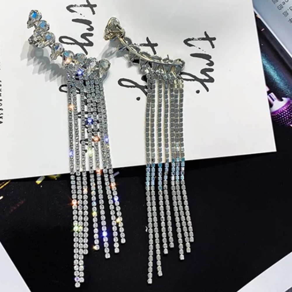 Long tassels rhinestone drop earrings - Picture 5 of 5